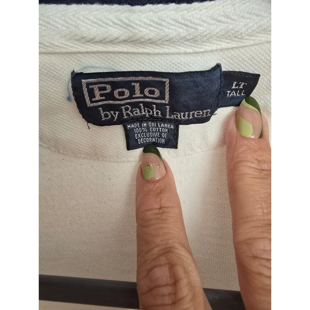 Vintage Polo Ralph Lauren Mens Rugby Shirt White Navy Trim Big Pony Logo Size LT